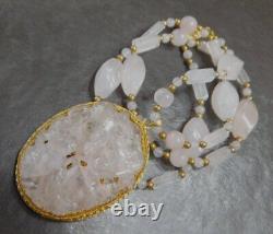 Vintage Asian Carved Rose Quartz Pendant Bead Necklace & Earrings Set Estate