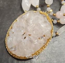 Vintage Asian Carved Rose Quartz Pendant Bead Necklace & Earrings Set Estate