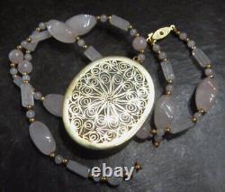 Vintage Asian Carved Rose Quartz Pendant Bead Necklace & Earrings Set Estate