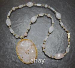 Vintage Asian Carved Rose Quartz Pendant Bead Necklace & Earrings Set Estate