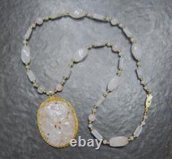 Vintage Asian Carved Rose Quartz Pendant Bead Necklace & Earrings Set Estate