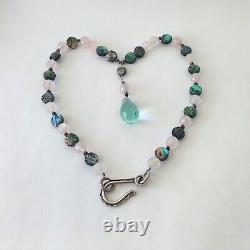 Vintage Blue Topaz Gemstone Y Necklace Rose Quartz Abalone Beads 925 Silver