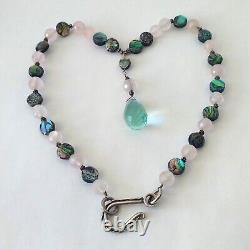 Vintage Blue Topaz Gemstone Y Necklace Rose Quartz Abalone Beads 925 Silver