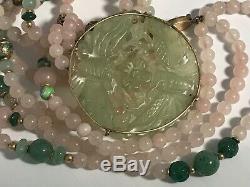 Vintage China S Silver Carved Jade, Rose Quartz, Beads Pendant 3 Strand Necklace