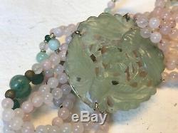 Vintage China S Silver Carved Jade, Rose Quartz, Beads Pendant 3 Strand Necklace