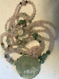 Vintage China SSilver Carved Jade, Rose Quartz, Beads Pendant, 3 Strand Necklace