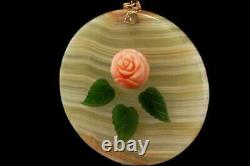 Vintage Chinese 14k Gold Rose Coral Jade Quartz Disc Pendant D56-10