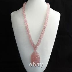 Vintage Chinese 1960'S Carved Translucent Pink Rose Quartz Pendant Bead Necklace