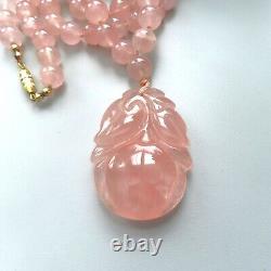 Vintage Chinese 1960'S Carved Translucent Pink Rose Quartz Pendant Bead Necklace