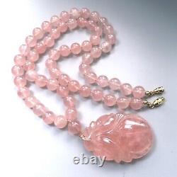 Vintage Chinese 1960'S Carved Translucent Pink Rose Quartz Pendant Bead Necklace