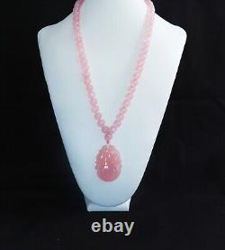 Vintage Chinese 1960'S Carved Translucent Pink Rose Quartz Pendant Bead Necklace