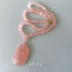 Vintage Chinese 1960'S Carved Translucent Pink Rose Quartz Pendant Bead Necklace