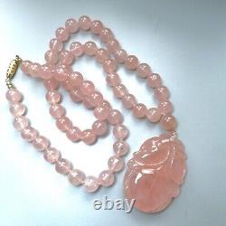 Vintage Chinese 1960'S Carved Translucent Pink Rose Quartz Pendant Bead Necklace