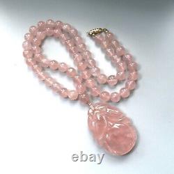 Vintage Chinese 1960'S Carved Translucent Pink Rose Quartz Pendant Bead Necklace