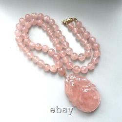 Vintage Chinese 1960'S Carved Translucent Pink Rose Quartz Pendant Bead Necklace