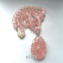 Vintage Chinese 1960'S Carved Translucent Pink Rose Quartz Pendant Bead Necklace