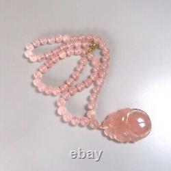 Vintage Chinese 1960'S Carved Translucent Pink Rose Quartz Pendant Bead Necklace