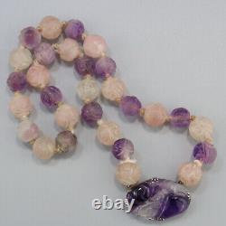 Vintage Chinese Art Deco Carved Amethyst + Rose Quartz Hand Knotted 925 Necklace