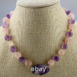 Vintage Chinese Art Deco Carved Amethyst + Rose Quartz Hand Knotted 925 Necklace