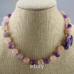 Vintage Chinese Art Deco Carved Amethyst + Rose Quartz Hand Knotted 925 Necklace