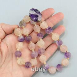 Vintage Chinese Art Deco Carved Amethyst + Rose Quartz Hand Knotted 925 Necklace