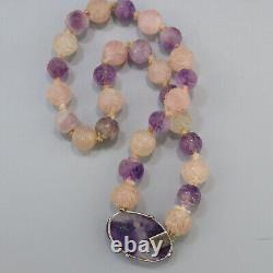 Vintage Chinese Art Deco Carved Amethyst + Rose Quartz Hand Knotted 925 Necklace