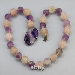 Vintage Chinese Art Deco Carved Amethyst + Rose Quartz Hand Knotted 925 Necklace