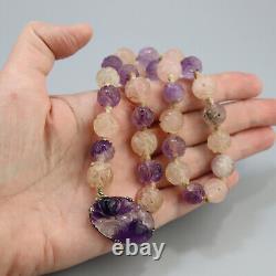 Vintage Chinese Art Deco Carved Amethyst + Rose Quartz Hand Knotted 925 Necklace