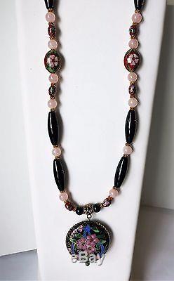 Vintage Chinese Big Cloisonne Pendant Necklace With Onyx Rose Quartz Beads 30