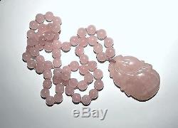 Vintage Chinese Carved PINK ROSE QUARTZ BEADS pendant Necklace