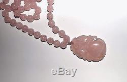 Vintage Chinese Carved PINK ROSE QUARTZ BEADS pendant Necklace