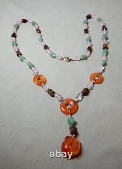 Vintage Chinese Carved Pendant Beaded Necklace Carnelian Jade Rose Quartz