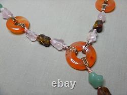 Vintage Chinese Carved Pendant Beaded Necklace Carnelian Jade Rose Quartz