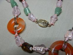 Vintage Chinese Carved Pendant Beaded Necklace Carnelian Jade Rose Quartz