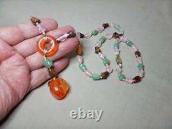 Vintage Chinese Carved Pendant Beaded Necklace Carnelian Jade Rose Quartz