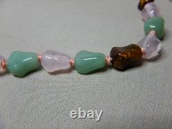 Vintage Chinese Carved Pendant Beaded Necklace Carnelian Jade Rose Quartz