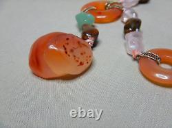 Vintage Chinese Carved Pendant Beaded Necklace Carnelian Jade Rose Quartz