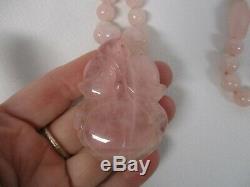 Vintage Chinese Carved Pink Rose Quartz Pendant Necklace 28