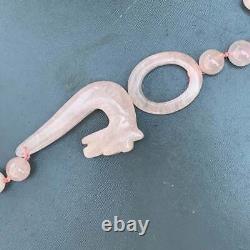 Vintage Chinese Carved Rose Quartz Dragon Pendant Beaded Necklace