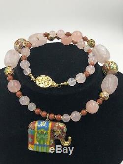 Vintage Chinese Export Rose Quartz Goldstone Cloisonne Elephant Necklace Pendant