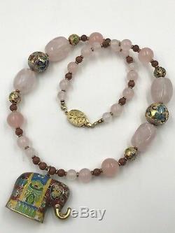 Vintage Chinese Export Rose Quartz Goldstone Cloisonne Elephant Necklace Pendant