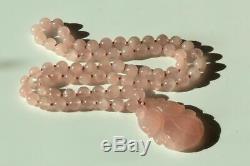 Vintage Chinese Export Rose Quartz Necklace With Large Peach Pendant