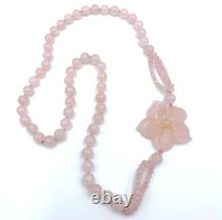 Vintage Chinese Hand Carve Pink Rose Quartz Flower Pendant Beaded Necklace 28