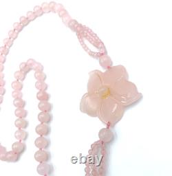 Vintage Chinese Hand Carve Pink Rose Quartz Flower Pendant Beaded Necklace 28