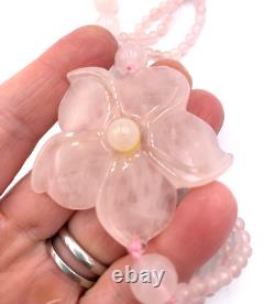 Vintage Chinese Hand Carve Pink Rose Quartz Flower Pendant Beaded Necklace 28