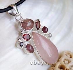 Vintage Design 925er Silver Chain Pendant Multistone Rose Quartz Tourmaline Pink