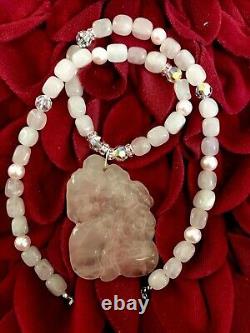 Vintage Estate Carved Rose Quartz Pendant Necklace With Swarovski Beads