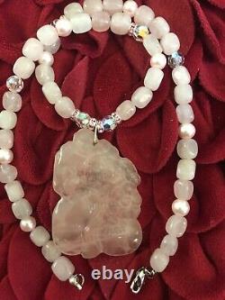 Vintage Estate Carved Rose Quartz Pendant Necklace With Swarovski Beads