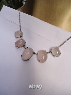 Vintage Estate Georgian / Deco 16 Palest Rose Quartz 5 Cabochon Necklace Silver