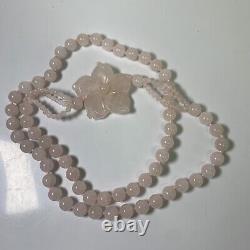 Vintage Genuine Be? Aded Pink Rose Quartz Necklace Flower Pendant On String